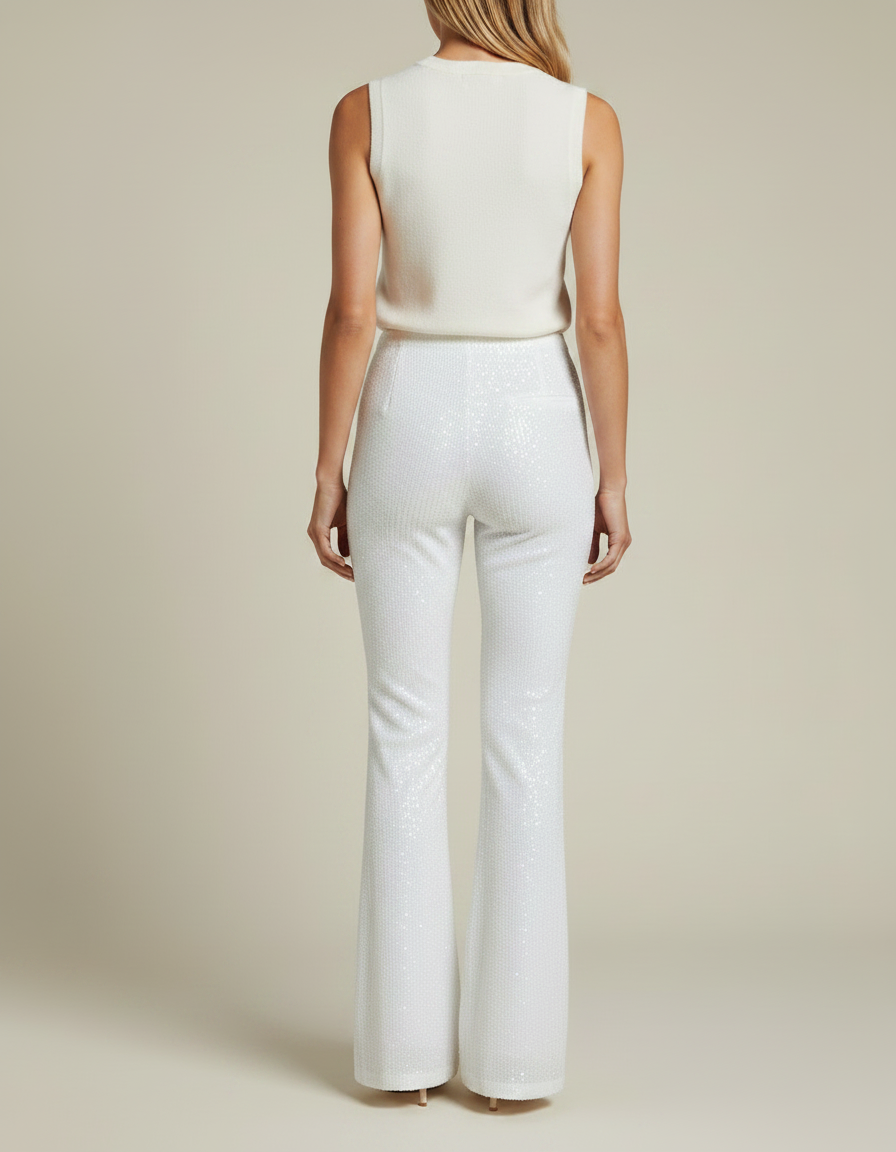 Pantalon Jupe Blanc Pailleté Évasé Taille Haute - Maille - vue 2