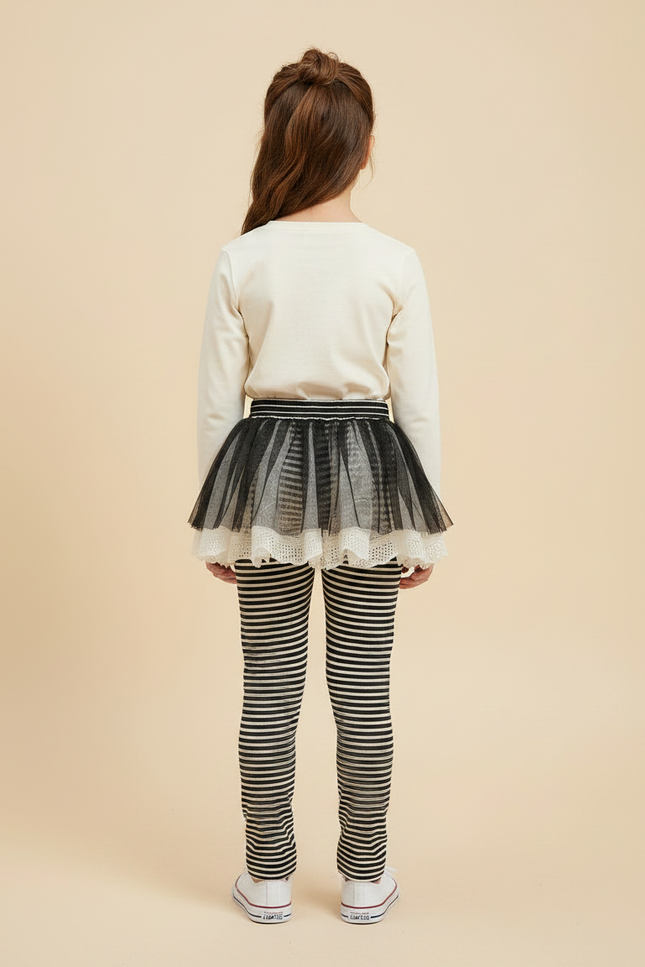 Pantalon Jupe Noir Rayé Tulle Intégré Confortable Fille - Imprimé Coton - vue 2