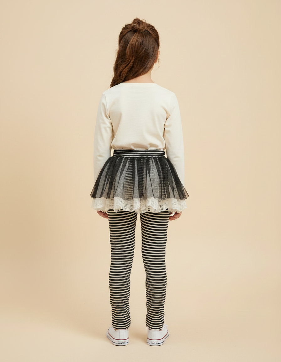 Pantalon Jupe Noir Rayé Tulle Intégré Confortable Fille - Imprimé Coton - vue 2