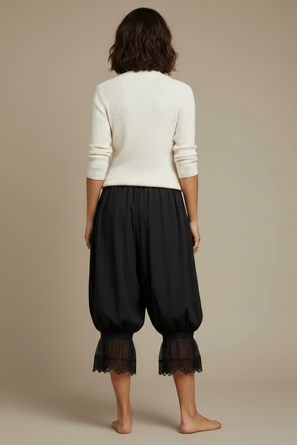 Pantalon Jupe Noir Ample Dentelle Bohème Court - Viscose - vue 2