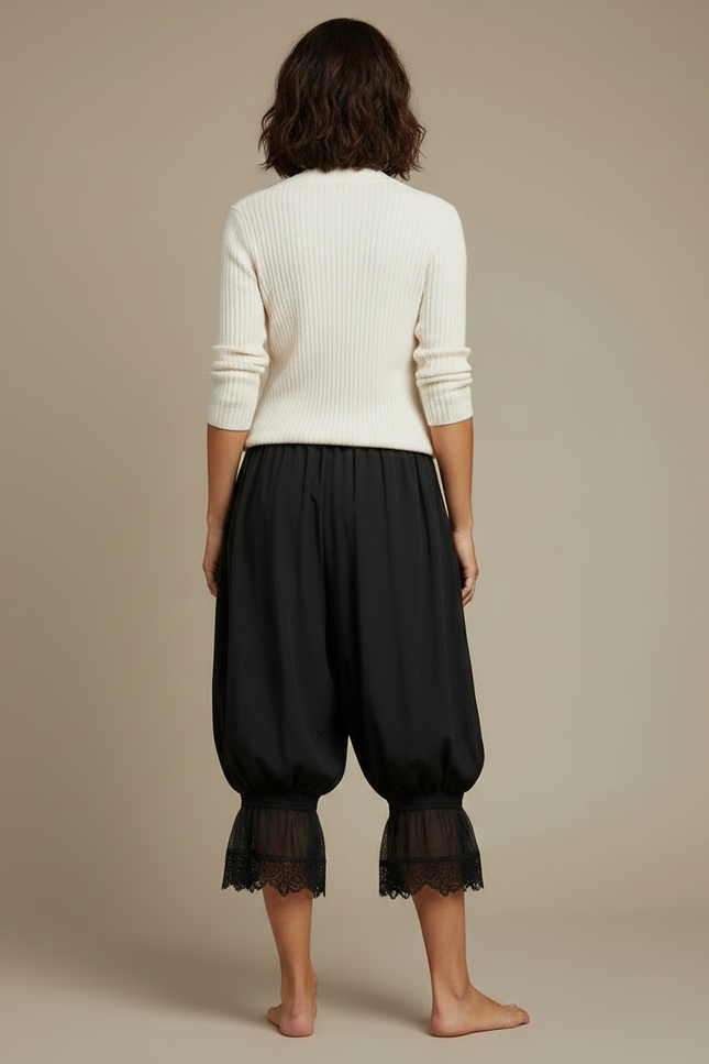 Pantalon Jupe Noir Ample Dentelle Bohème Court - Viscose - vue 2