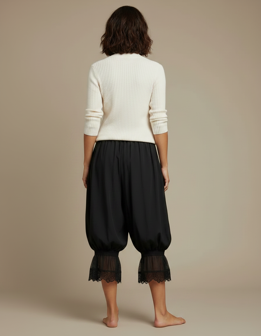 Pantalon Jupe Noir Ample Dentelle Bohème Court - Viscose - vue 2