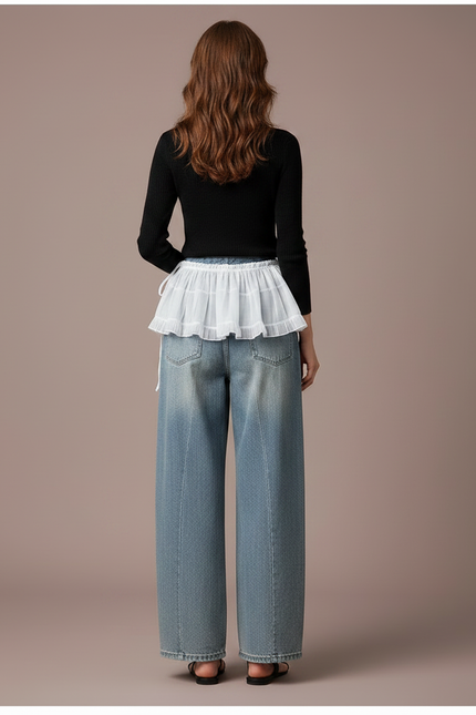 Pantalon Jupe Blanc Superposé Tulle Ample Denim - Bleu Jean - vue 2