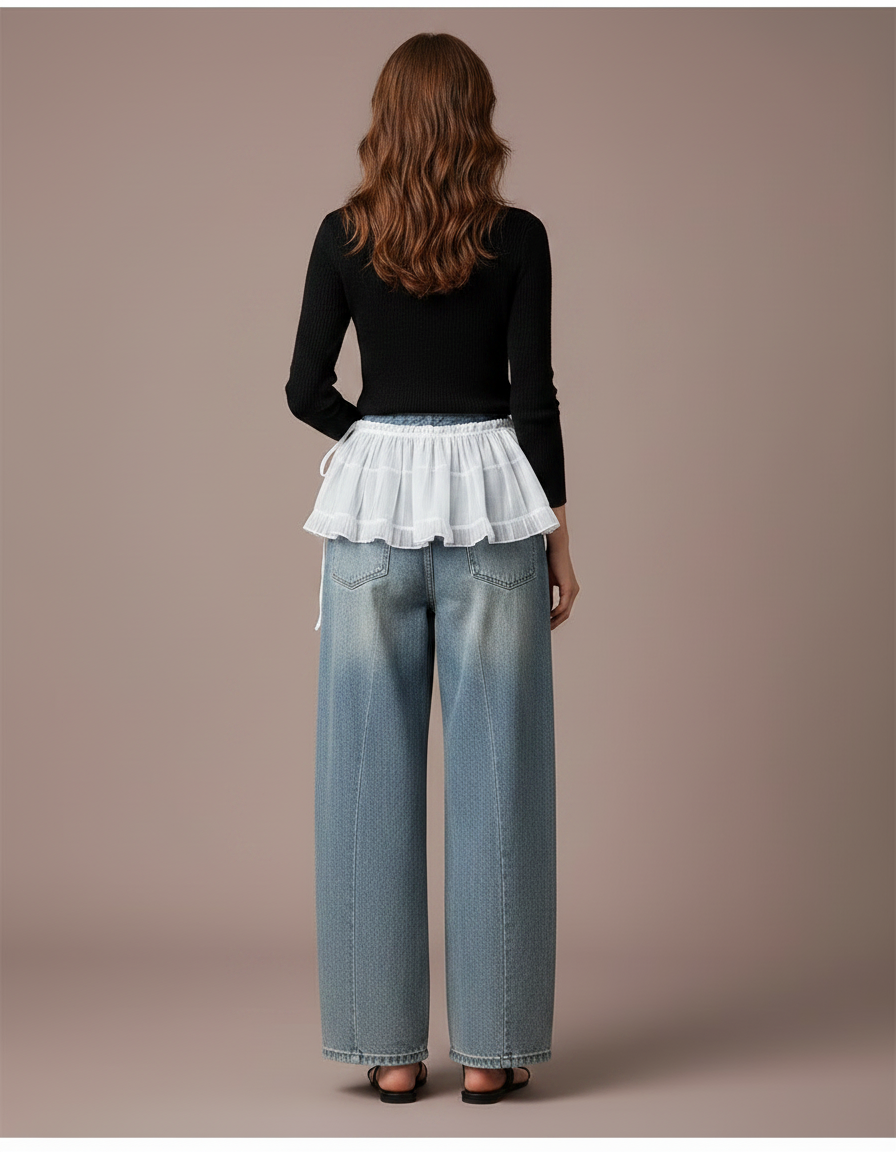 Pantalon Jupe Blanc Superposé Tulle Ample Denim - Bleu Jean - vue 2