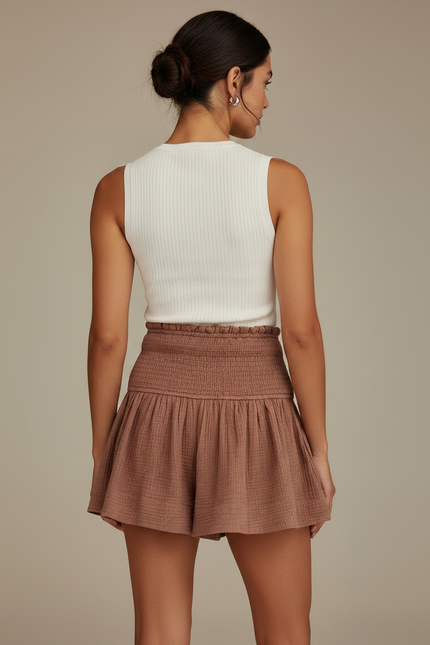 Pantalon Jupe Marron Smocké Évasé Décontracté Fluide - Coton - vue 2