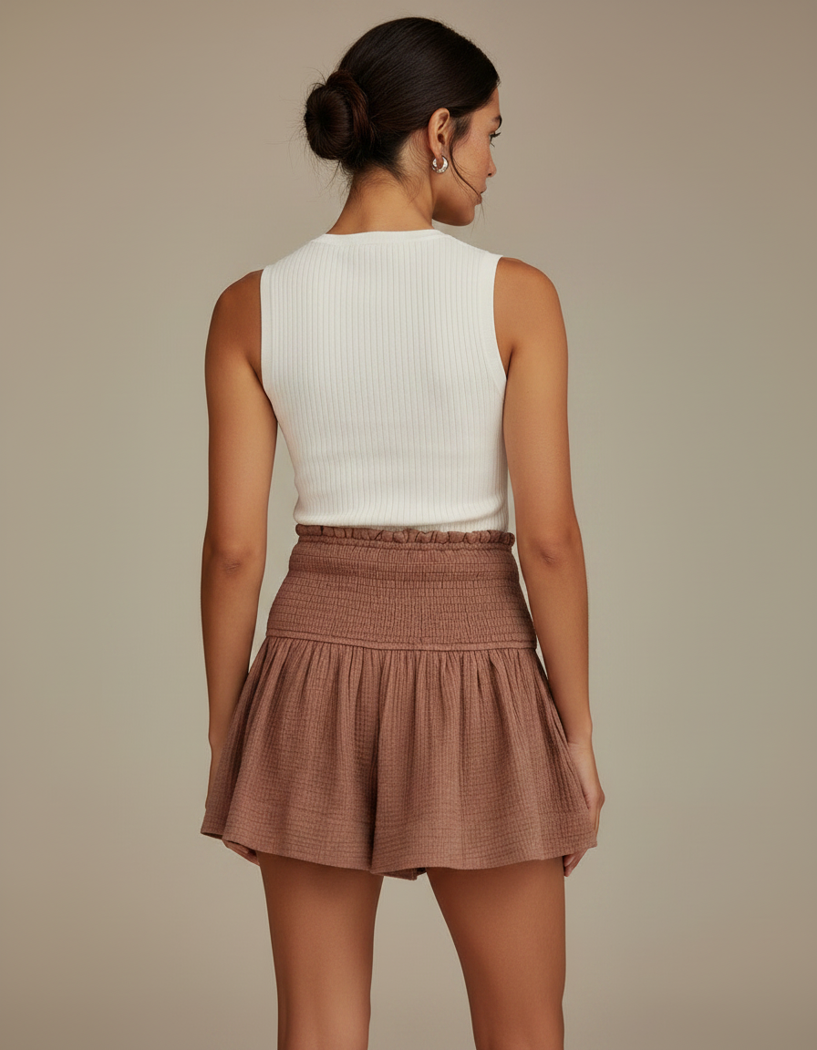 Pantalon Jupe Marron Smocké Évasé Décontracté Fluide - Coton - vue 2