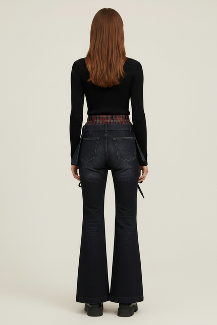 Pantalon Jupe Denim Plissé Évasé Plaid Cyberpunk - Marine Jean - vue 2