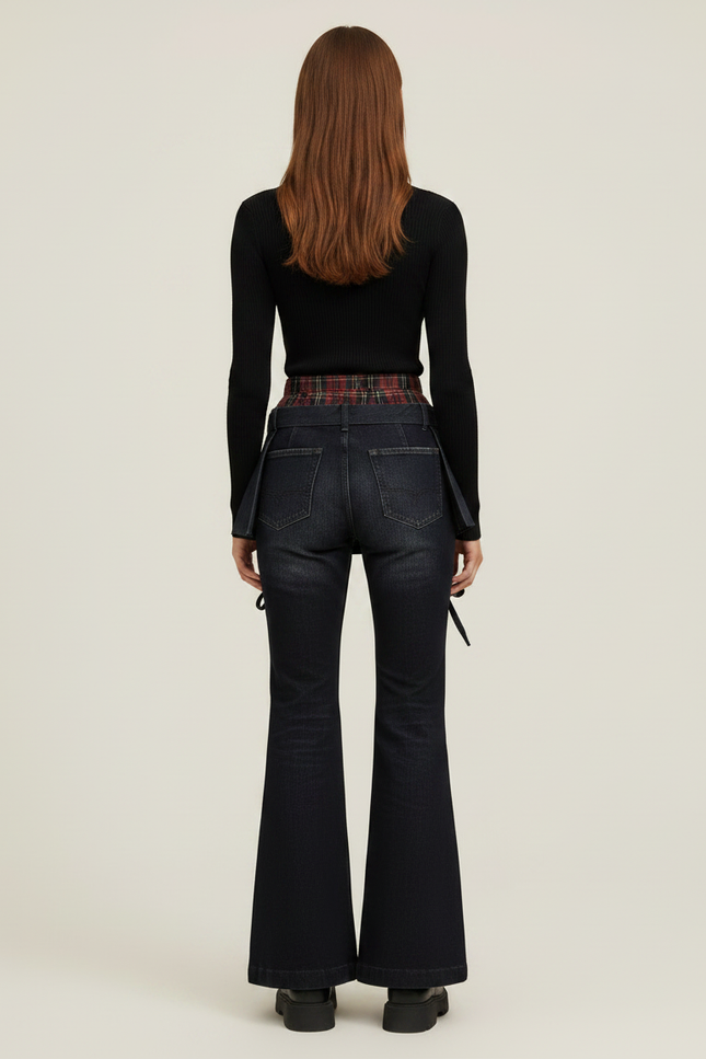 Pantalon Jupe Denim Plissé Évasé Plaid Cyberpunk - Marine Jean - vue 2