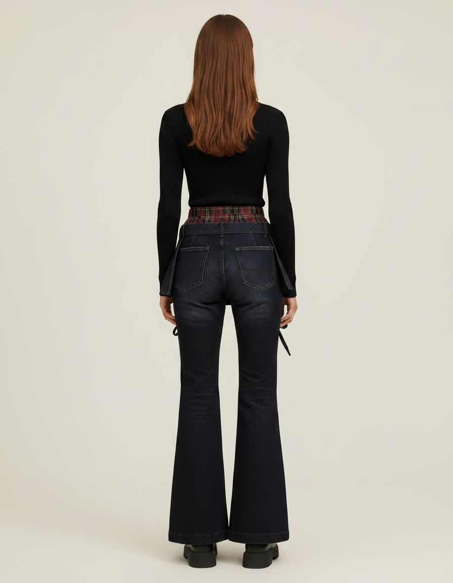 Pantalon Jupe Denim Plissé Évasé Plaid Cyberpunk - Marine Jean - vue 2