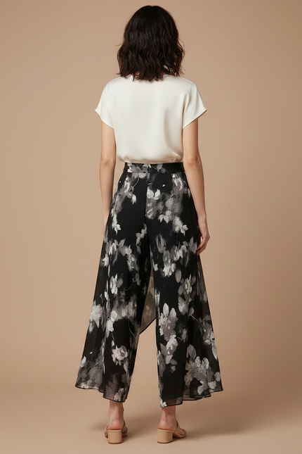 Pantalon Jupe Noir Floral Fluide Ample Élégant - Polyester - vue 2