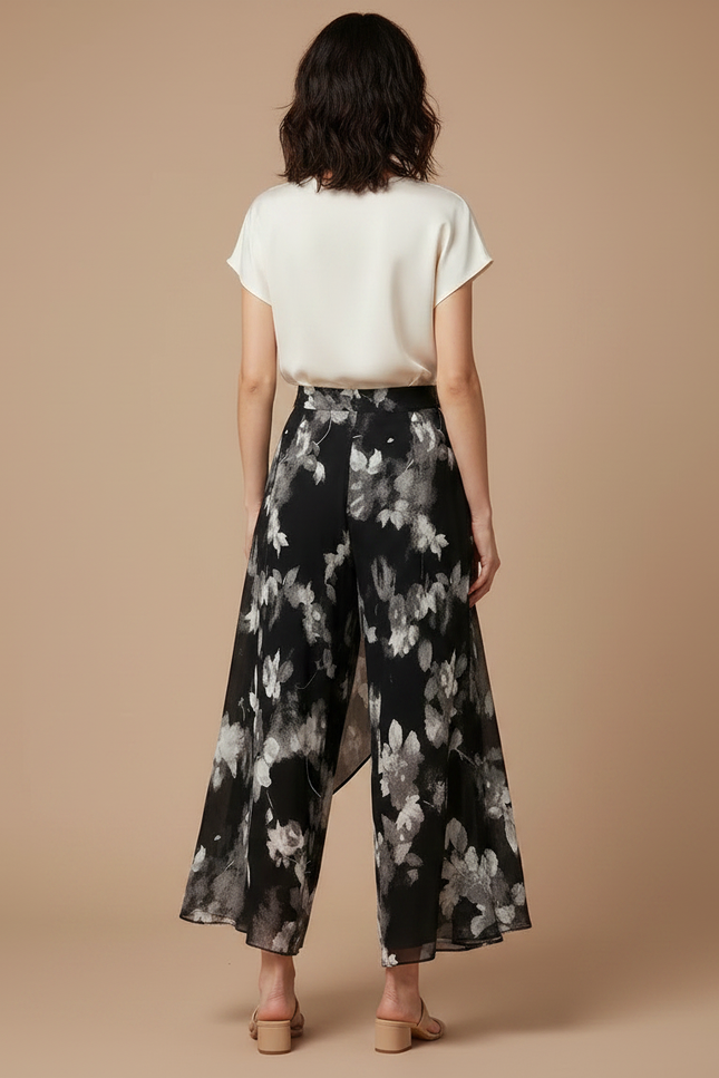 Pantalon Jupe Noir Floral Fluide Ample Élégant - Polyester - vue 2