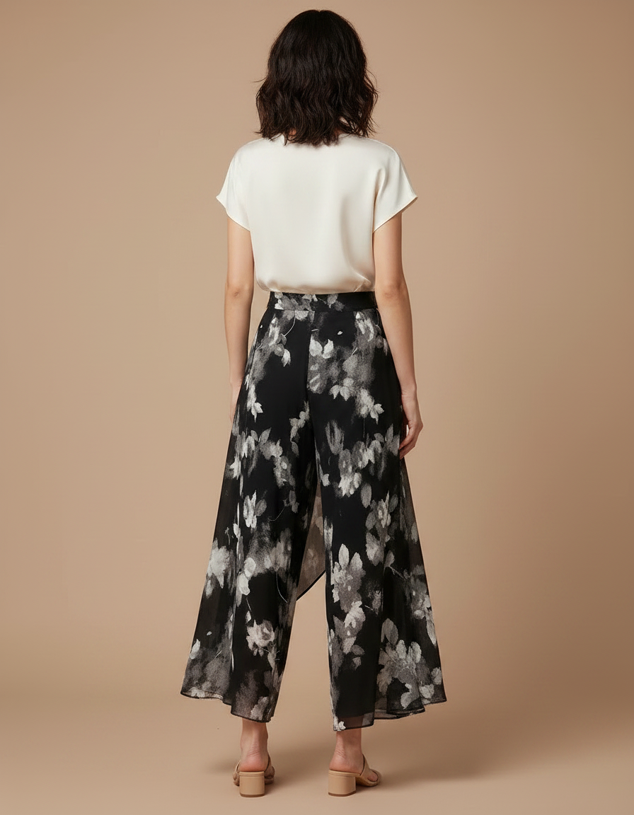 Pantalon Jupe Noir Floral Fluide Ample Élégant - Polyester - vue 2