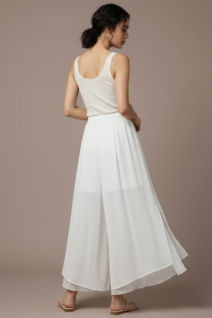 Pantalon Jupe Blanc Fluide Plissé Ample Femme Élégant - Polyester - vue 2