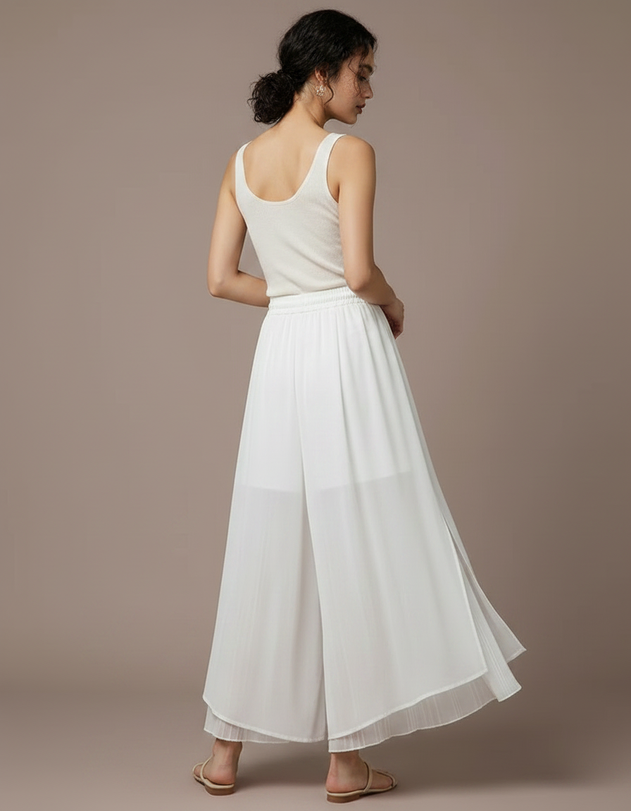 Pantalon Jupe Blanc Fluide Plissé Ample Femme Élégant - Polyester - vue 2