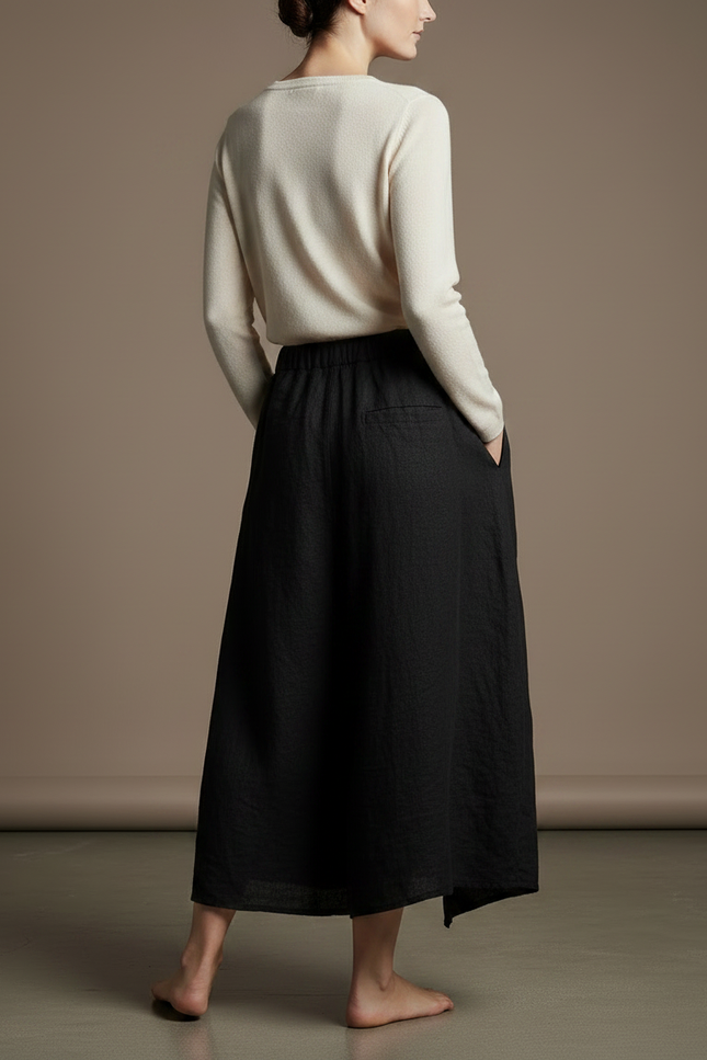 Pantalon Jupe Noir Lin Ample Décontracté Fendu Long - vue 2