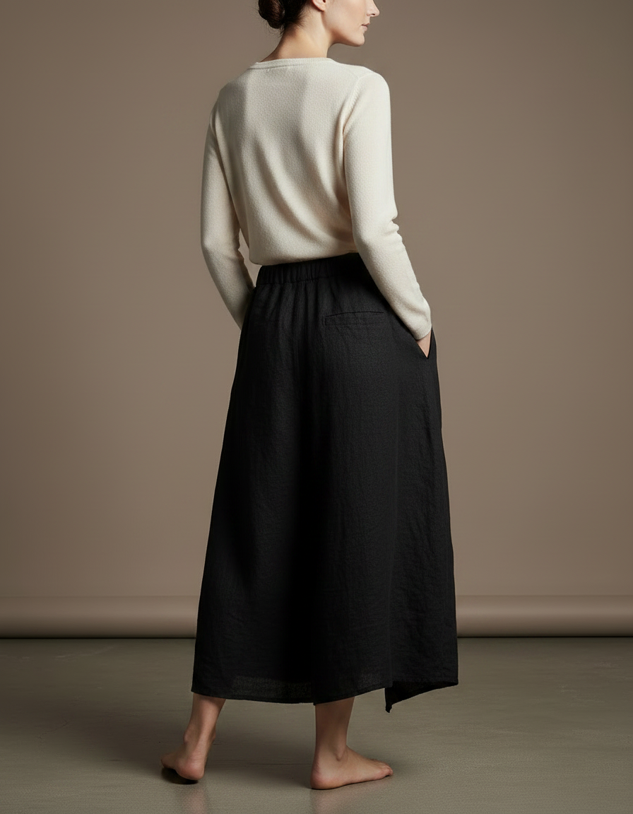 Pantalon Jupe Noir Lin Ample Décontracté Fendu Long - vue 2