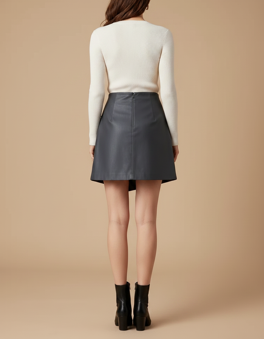 Pantalon Jupe Gris Asymétrique Similicuir Boutons Élégant - Simili cuir - vue 2