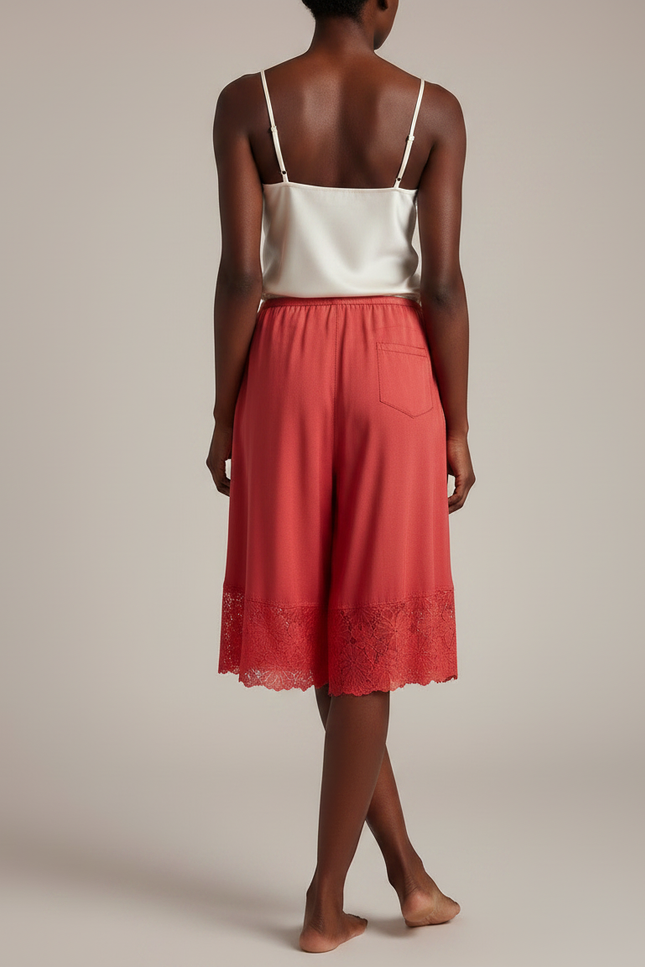 Pantalon Jupe Corail Satin Dentelle Ample Fluide - Orange - vue 2
