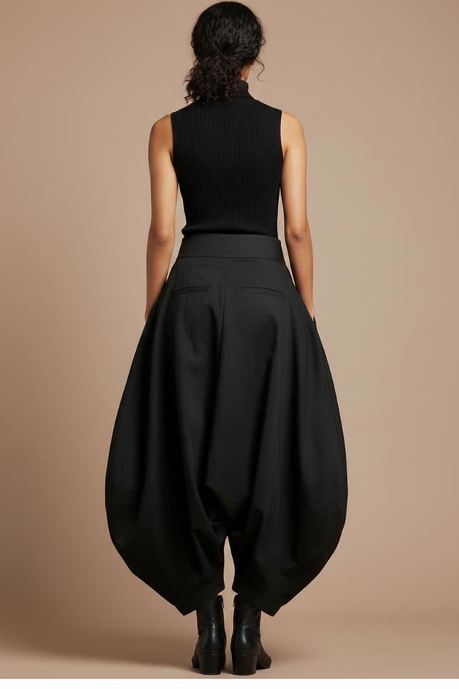 Pantalon Jupe Noir Ample Coton Plissé Femme - vue 2