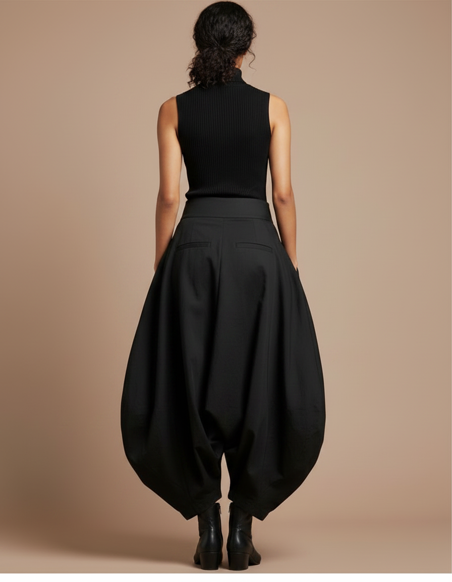 Pantalon Jupe Noir Ample Coton Plissé Femme - vue 2