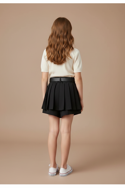 Pantalon Jupe Noir Plissé Ceinturé Fille Élégant - Polyester - vue 2
