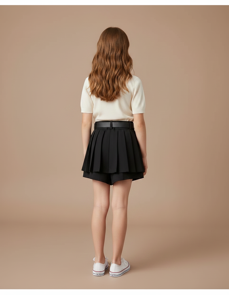 Pantalon Jupe Noir Plissé Ceinturé Fille Élégant - Polyester - vue 2