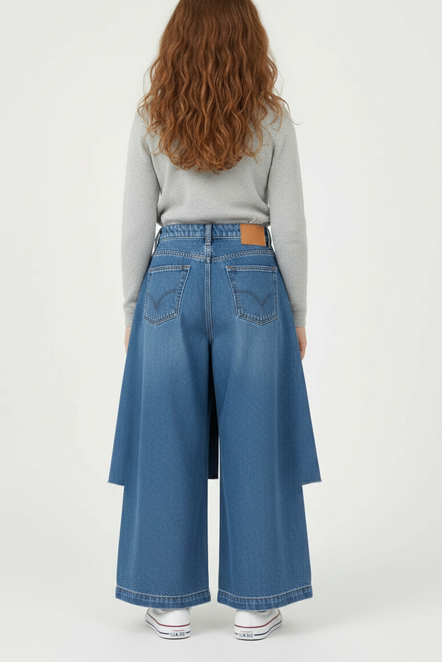 Pantalon Jupe Denim Bleu Ample Superposé Décontracté Fille - Jean - vue 2