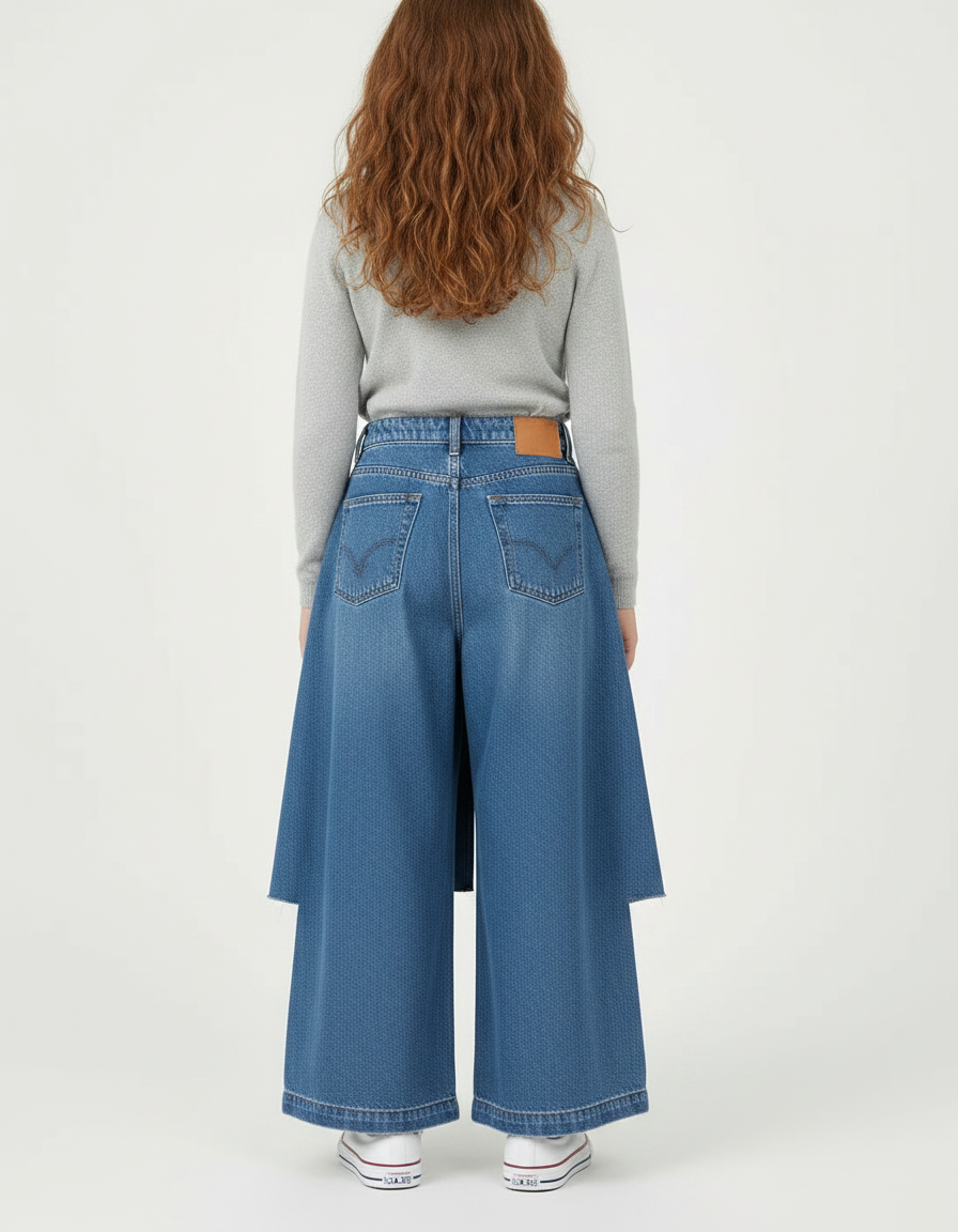 Pantalon Jupe Denim Bleu Ample Superposé Décontracté Fille - Jean - vue 2