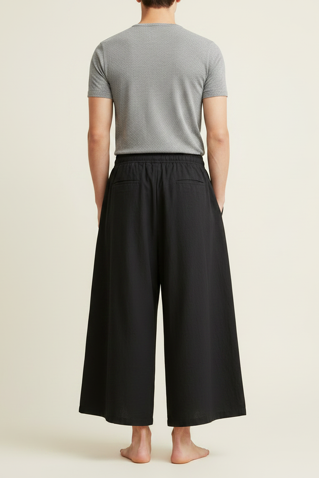 Pantalon Jupe Noir Ample Lin Décontracté Fluide - vue 2