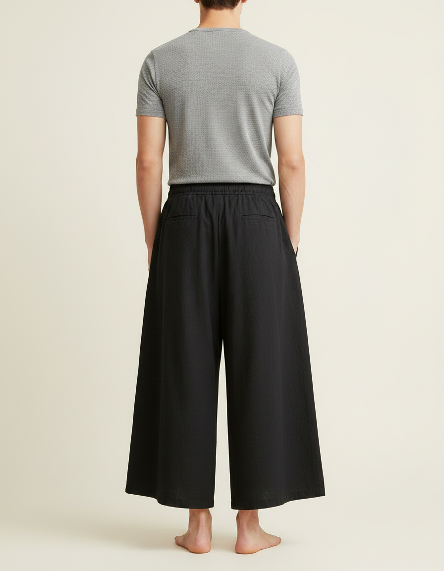 Pantalon Jupe Noir Ample Lin Décontracté Fluide - vue 2