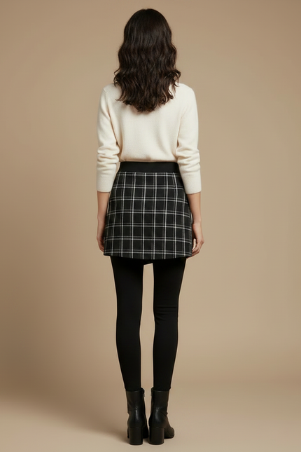 Pantalon Jupe Noir Plaid Asymétrique Hiver Élégant - Polyester - vue 2