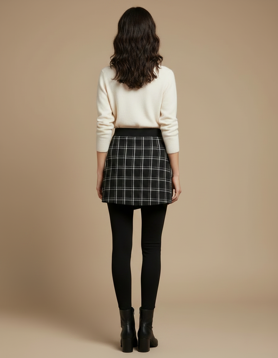 Pantalon Jupe Noir Plaid Asymétrique Hiver Élégant - Polyester - vue 2