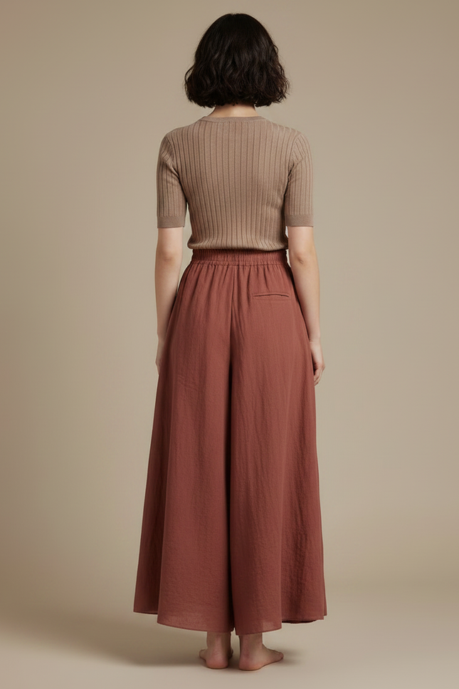 Pantalon Jupe Ample Lin Marron Élastique Fluide Femme - vue 2