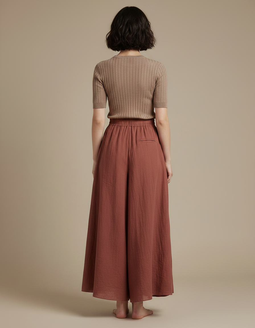 Pantalon Jupe Ample Lin Marron Élastique Fluide Femme - vue 2