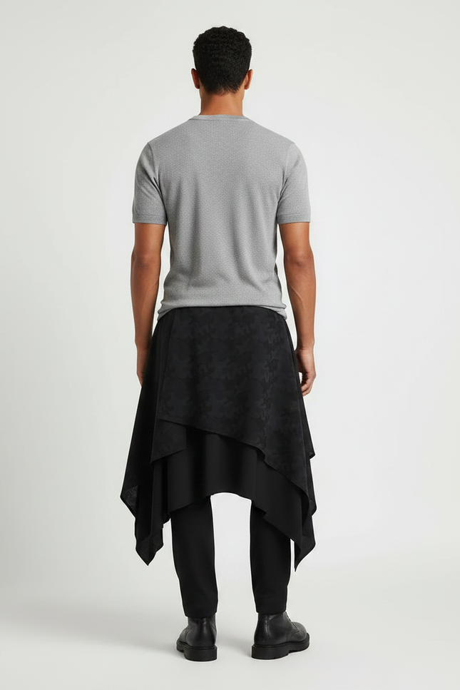 Pantalon Jupe Noir Asymétrique Superposé Imprimé Décontracté Homme - Polyester - vue 2
