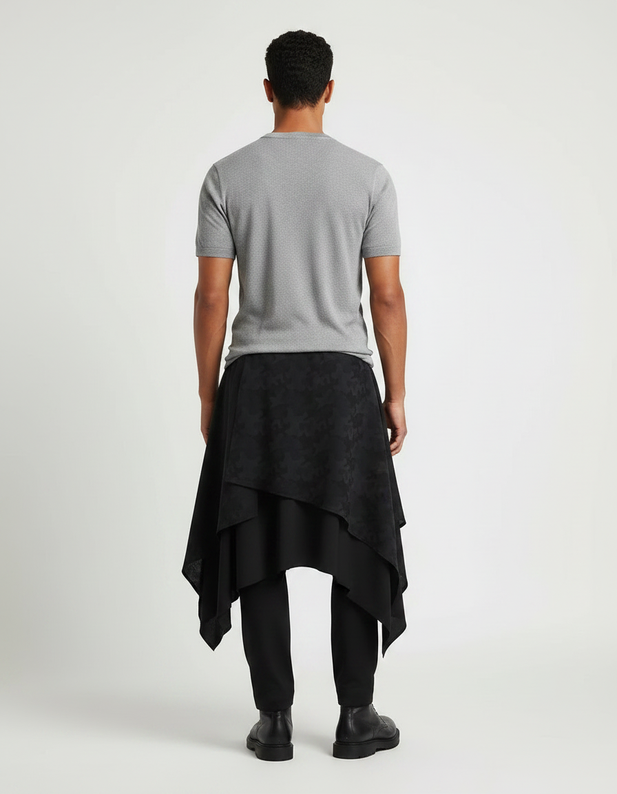 Pantalon Jupe Noir Asymétrique Superposé Imprimé Décontracté Homme - Polyester - vue 2