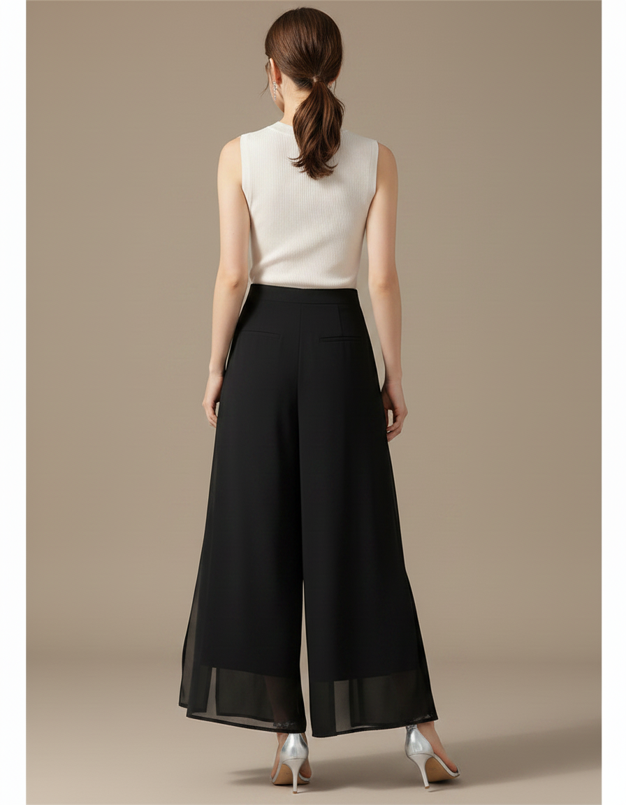 Pantalon Jupe Noir Fluide Ample Élégant Chiffon - Polyester - vue 2