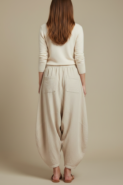 Pantalon Jupe Lin Ample Beige Confortable Élastique - vue 2