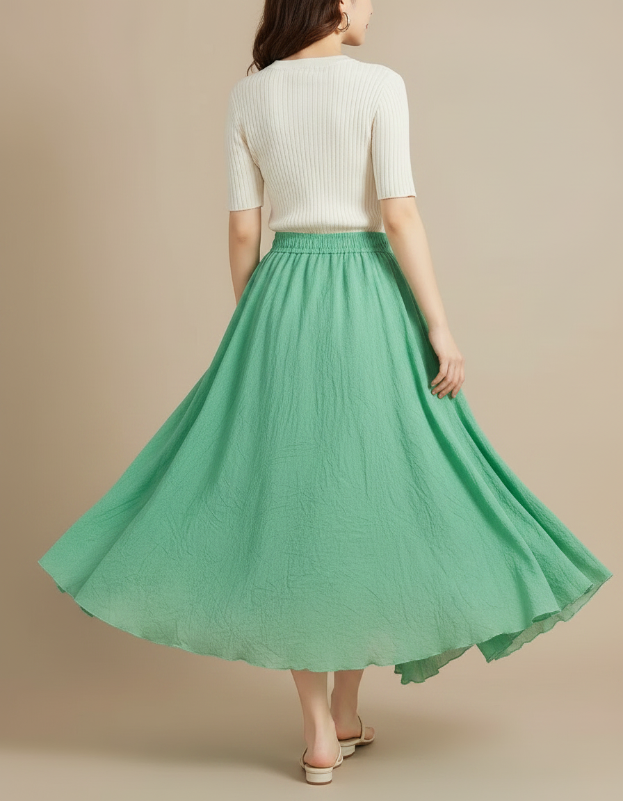 Pantalon Jupe Vert Menthe Ample Lin Coton Fluide - vue 2