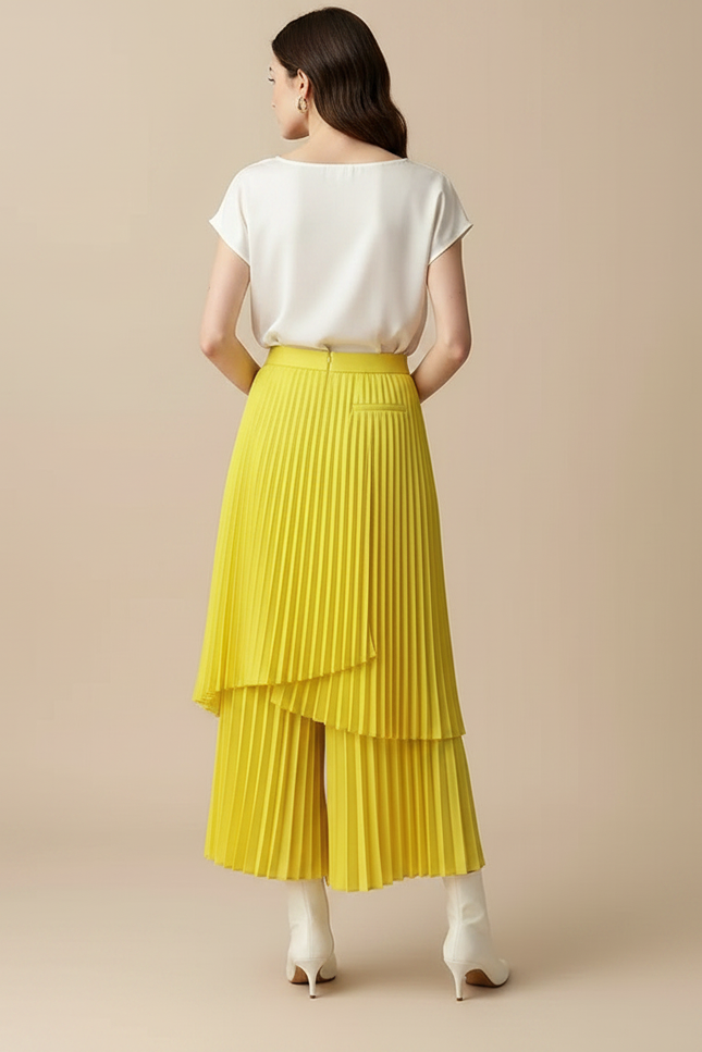 Pantalon Jupe Plissé Jaune Évasé Élégant Fluide - Polyester - vue 2