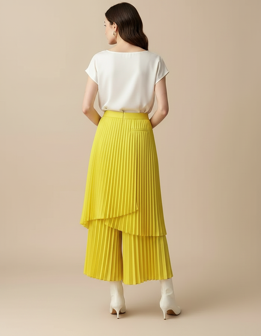 Pantalon Jupe Plissé Jaune Évasé Élégant Fluide - Polyester - vue 2