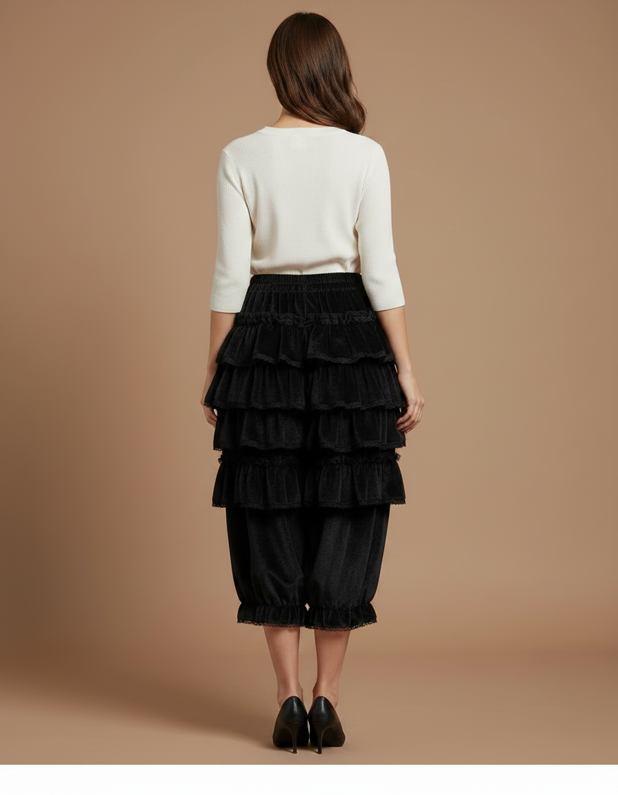 Pantalon Jupe Noir Volants Dentelle Velours Doux Élégant - vue 2