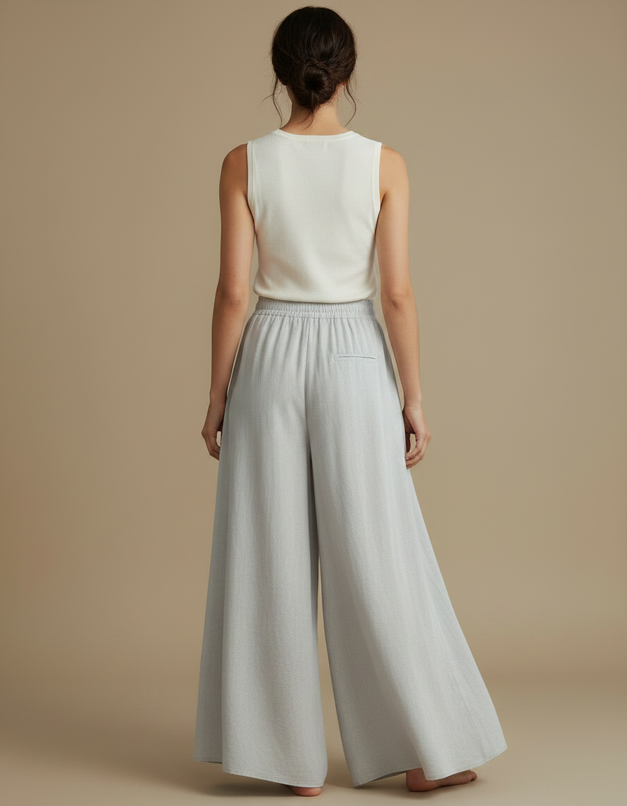 Pantalon Jupe Gris Fluide Ample Élégant Décontracté - Lin - vue 2