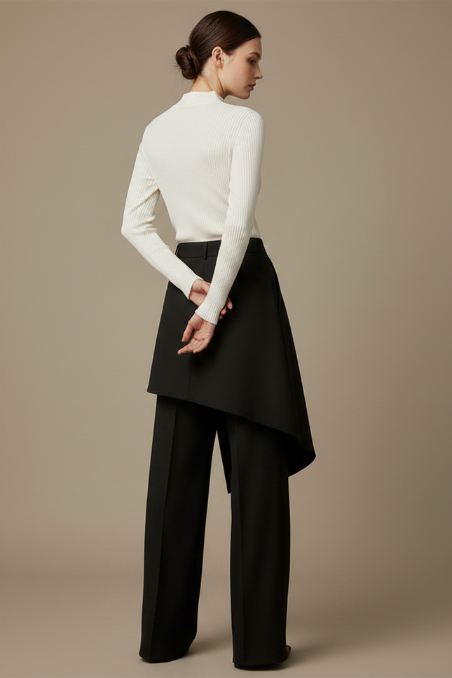 Pantalon Jupe Noir Asymétrique Superposé Élégant Fluide - Gabardine - vue 2