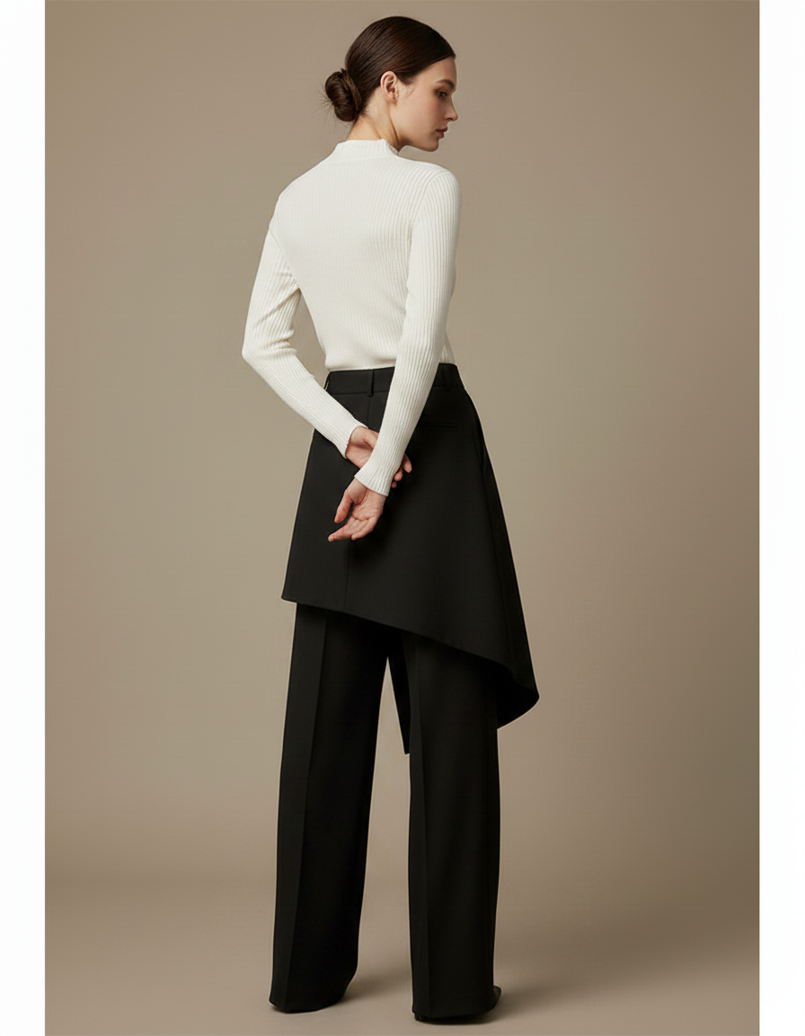 Pantalon Jupe Noir Asymétrique Superposé Élégant Fluide - Gabardine - vue 2