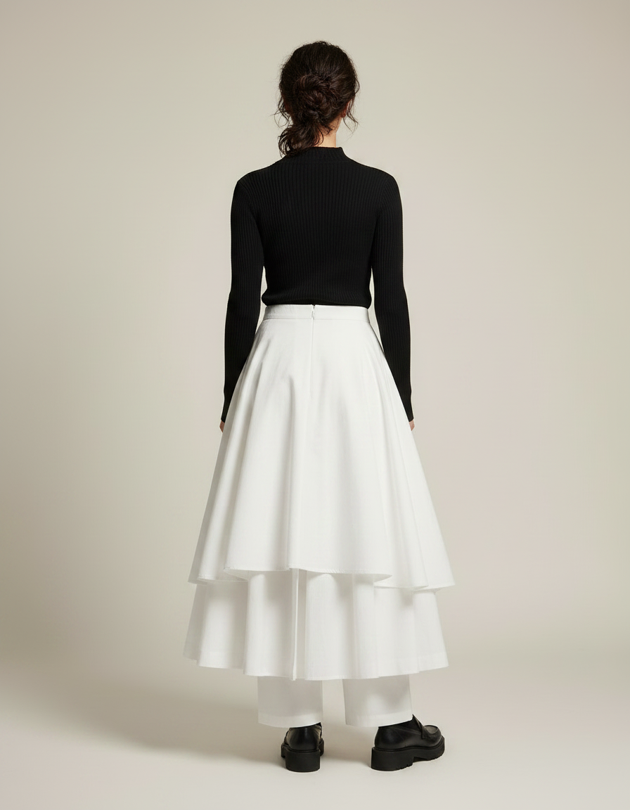 Pantalon Jupe Blanc Superposé Fluide Élégant Asymétrique - Coton - vue 2