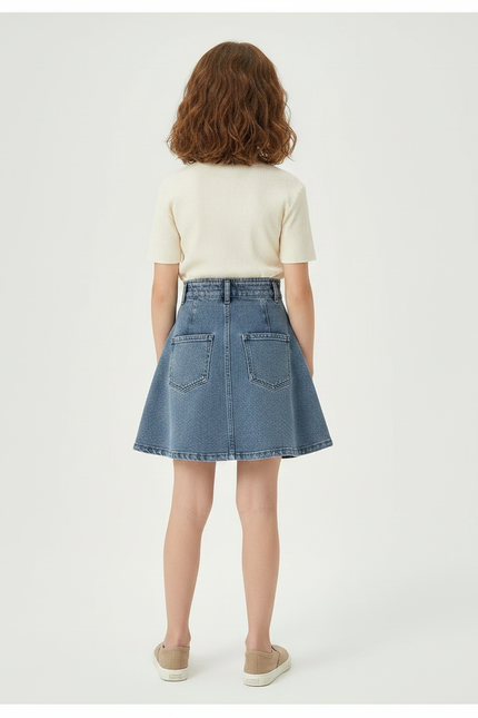 Pantalon Jupe Denim Plissé Taille Haute Lacets Fille - Bleu Jean - vue 2