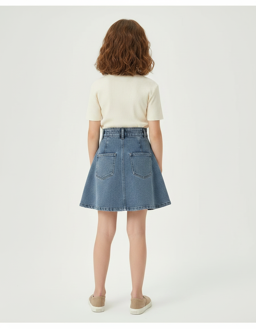 Pantalon Jupe Denim Plissé Taille Haute Lacets Fille - Bleu Jean - vue 2