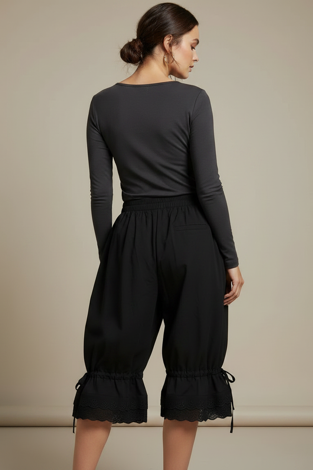 Pantalon Jupe Noir Ample Volants Dentelle - Viscose - vue 2