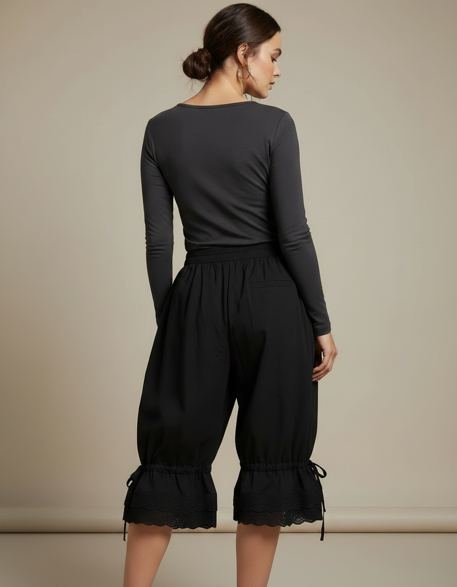 Pantalon Jupe Noir Ample Volants Dentelle - Viscose - vue 2